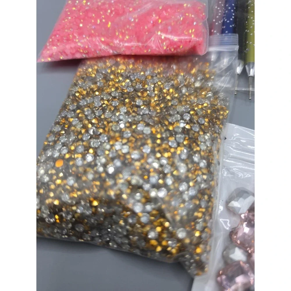 Rhinestone Gem Craft Kit Dotting Tools Pink Gold Crystals Nail Art DIY Bling